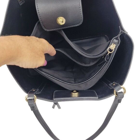 Nanette Lepore Black Vegan Faux Leather Tote Bag Multiple Pockets Shoulder Large - Picture 5 of 11